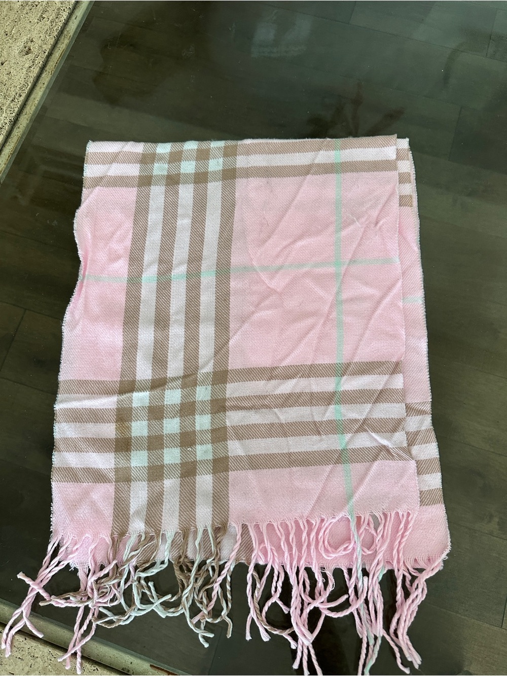 Pink Plaid Fringe Scarf